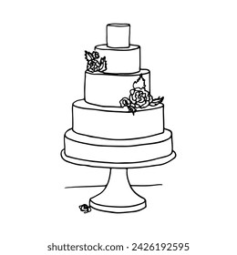 large minimalist cake decorated with flower buds in doodle style. hand drawn drawing of a wedding cake decorated with flowers