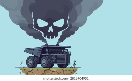 Large mining dump truck emitting toxic black exhaust smoke that forms a threatening skull shape in the blue sky.