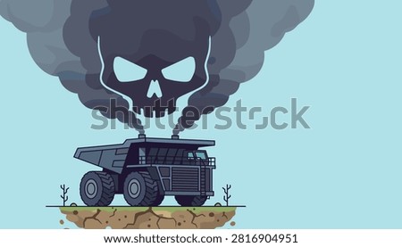 Large mining dump truck emitting toxic black exhaust smoke that forms a threatening skull shape in the blue sky.