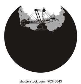 A large mining earth mover/excavator digs up a planet - black and white vector illustration