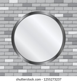Large mirror on a brick wall. Flat design, vector.