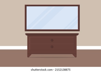 large mirror with table and cabinet in the room