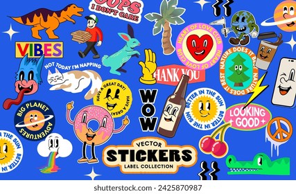 Large Mix of assorted modern cute character stickers and message labels. Vector illustration collection