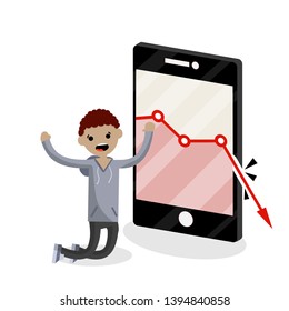 Large mobile phone with falling red business graph. Sad young blogger guy on knees. decrease in views and subscribers. Internet statistics. Business problem. man and a smartphone. Flat illustration