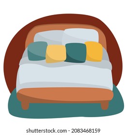 Large modern bed with small pillows. Flat vector illustration for your design. Cozy interior. Cartoon style