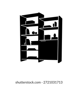Grande unidad de estantería moderna con estantes de almacenamiento Libros y Objetos decorativos para la Ilustración vectorial de siluetas de oficina en el hogar