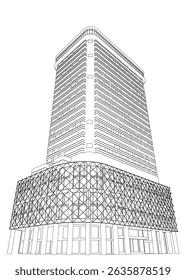 A large, modern building with a unique slanted roof and many windows. The building is very tall and has a sleek, contemporary design