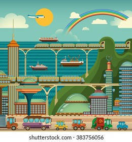 Large modern city by the sea. Vector illustration.