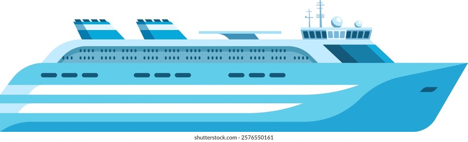 Large and modern cruise ship sailing on calm sea water, offering luxury travel and vacation experience, featuring multiple decks, cabins, restaurants, and amenities for passenger enjoyment