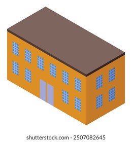 Large modern factory building with multiple windows and doors, rendered in isometric projection