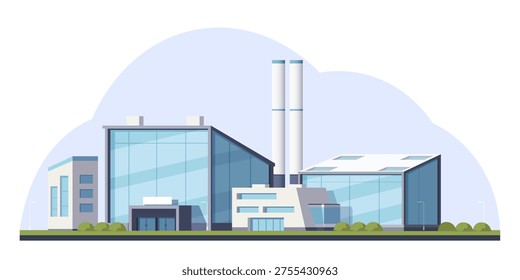 Large modern factory buildings shown in clean flat style on a light background, conveying an industry and production concept. Vector illustration