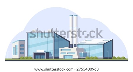 Large modern factory buildings shown in clean flat style on a light background, conveying an industry and production concept. Vector illustration