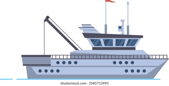 Large modern fishing boat sailing on the sea, commercial fishing ship with crane for seafood industry, side view vector illustration isolated on white background