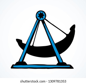 Large modern funny childish viking vessel move up on light sky. Outline black ink hand drawn big circus movement transport logo emblem pictogram in retro art doodle style pen on paper space for text