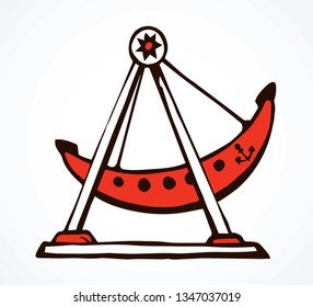 Large modern funny childish viking vessel move up on light sky. Outline black ink hand drawn big circus movement transport logo emblem pictogram in retro art doodle style pen on paper space for text