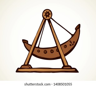 Large modern funny childish viking vessel move up on light sky. Outline black ink hand drawn big circus movement transport logo emblem pictogram in retro art doodle style pen on paper space for text