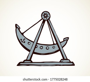 Large modern funny childish viking vessel move up on light sky. Outline black ink hand drawn big circus movement transport logo emblem pictogram in retro art doodle style pen on paper space for text