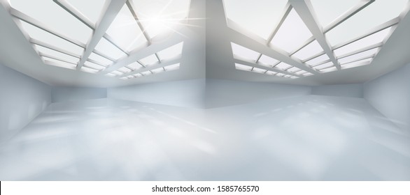 Large modern interior. Empty hall for the exhibition. Large shopping gallery. White background. Vector illustration.