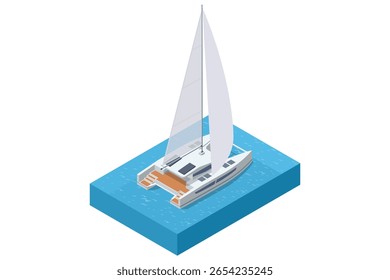 Um grande e moderno iate Isometric catamaran com velas elevadas desliza graciosamente em um corpo de água azul calmo, pronto para uma viagem luxuosa