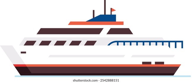 Barco de balsa de passageiros grande e moderno navegando em água calma, vista lateral ilustração minimalista com um navio vermelho e branco com uma ponte azul