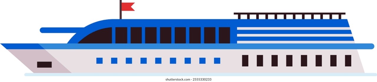 Large, modern passenger ferry boat sailing across tranquil waters, displaying a vibrant red flag atop. Featuring a sleek blue and white design, presented in a simple flat vector style