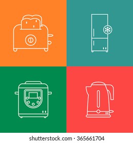 Large modern set of different household appliances drawn circle. Linear elements flat design for the shop, house management company. Home appliances icons. Vector