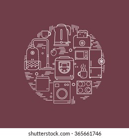 Large modern set of different household appliances drawn circle. Linear icons. Vector