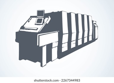 Large modern speed polygraph enterprise full color unit: cyan, magenta, yellow, black. Dark line ink hand drawn sign icon background in retro art contour silhouette style on paper space for text