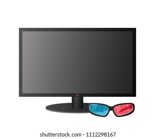 Large modern TV. Glasses for stereo video. Vector illustration. Television