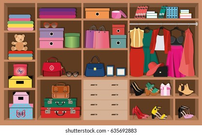 Large modern wardrobe for women. Fashion clothes and stylish accessories - dresses, bags, glasses and shoes. Flat style vector illustration.