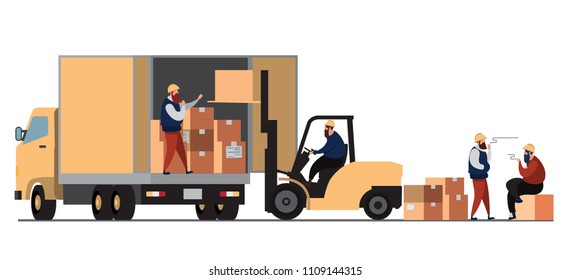 Large modern warehouse with forklifts ,  Flat Vector Illustration Background