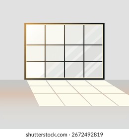 Una ventana Grande y moderna con múltiples paneles y un marco negro, proyectando una sombra iluminada por el sol en el suelo y representando los interiores del hogar.