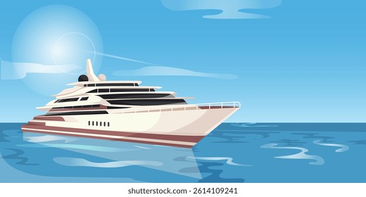 Large modern yacht with multiple decks floating on calm ocean water, vector style with clear sky and sun in background. Concept of luxury travel. Vector illustration