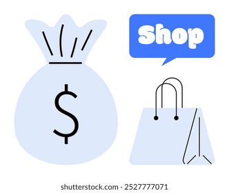 Bolsa de dinheiro grande com sinal de dólar, uma bolsa de compras e uma bolha de texto com Shop. Ideal para varejo, comércio eletrônico, economia financeira, orçamento e temas de compras on-line. Estilo de vetor minimalista