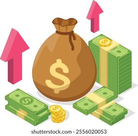 Large money bag with a dollar sign sits amidst stacks of dollar bills and upward pointing arrows, symbolizing increasing profits, financial growth, and investment success