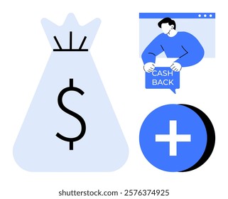 Large money bag with dollar sign, person holding cash back sign, and a plus icon Ideal for finance, online shopping, savings, e-commerce, marketing. Simplistic and modern vector style