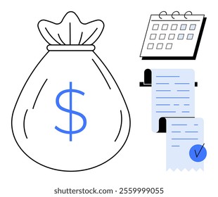 Large money bag with dollar symbol a calendar and two receipts with a checkmark. Ideal for themes such as financial management budget planning expenses savings and accounting in minimalist vector art