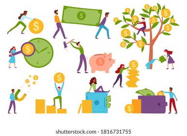 Large money and financial set with diverse people at various activities with dollars in gold coins and bank notes, man breaking open a piggy bank and a money tree on white, colored vector illustration