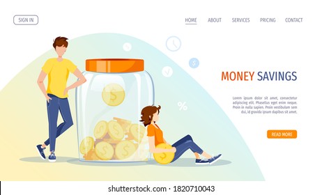 Large Money Jar Bank. Jar With Coins Inside And People. Money Saving Accumulating, Financial Services, Deposit Concept. Vector Illustration For Banner, Poster, Advertising, Website.