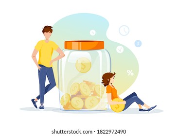 Large Money Jar Bank. Jar With Coins Inside And People. Money Saving Accumulating, Financial Services, Deposit Concept. Isolated Vector Illustration For Banner, Poster, Advertising.