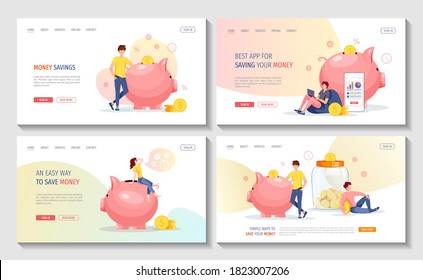 Large money piglet and jar banks with coins inside and people. Money saving or accumulating, Financial services, Deposit, Internet banking concept. Set of web pages, banners. Vector illustration.