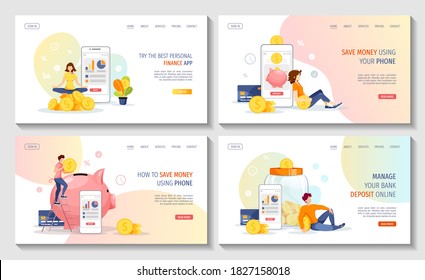 Large money piglet and jar banks with coins inside, phone and people. Money saving or accumulating, Deposit, Internet banking concept. Set of web pages, banners. Vector illustration.