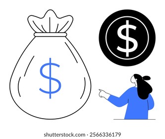 A large money sack with a dollar sign along with a circular coin symbol. Below, a businesswoman points towards the symbols. Ideal for finance, savings, investment, wealth management, and banking