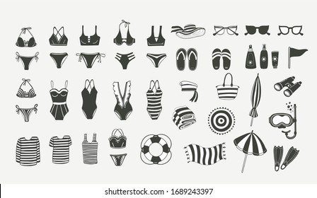 Large monochrome summer set of beach items, mask and flippers for diving, swimwear, towels and bedspreads, hats and caps of a sailor, sunglasses and slates, binoculars and a circle, isolated vector