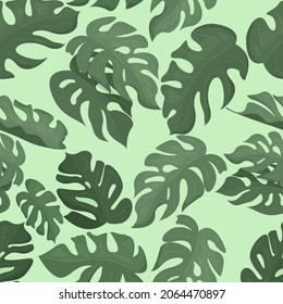 large monstera leaves on a light green background- vector illustration, vector seamless pattern on yellow background