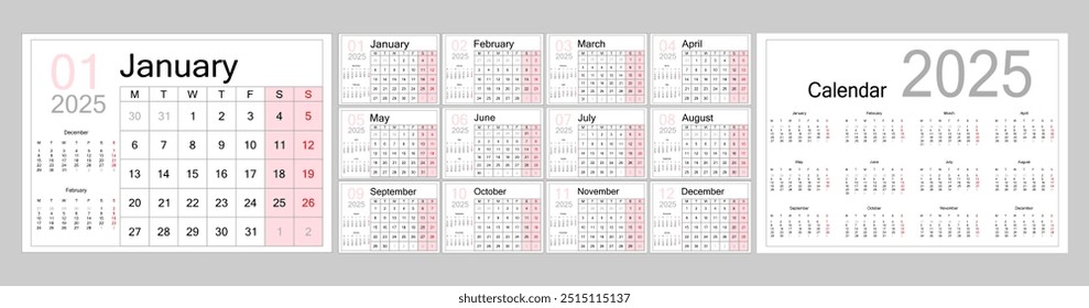 Grande calendario mensual anual para 2025. Plantilla mensual de 2025. Planificador diario de estilo minimalista. La semana comienza el lunes.