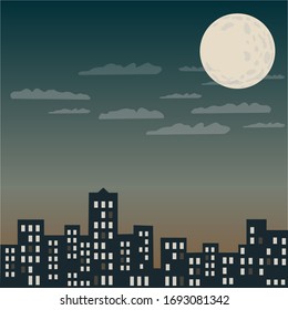 Una gran luna detrás de las nubes brilla sobre la ciudad de la noche cuando la luz arde en las casas.