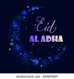 Large moon with flowers and stars. Vector illustration on the theme of a happy Eid-Al-Adha (Kurban Bayrami) - Feast of the Sacrifice. For greeting cards, invitations, web internet backdrop
