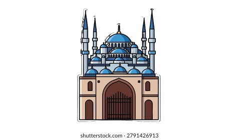 Large mosque building with blue domes