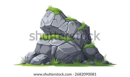 A large mossy rock formation with grass growing around its base.
